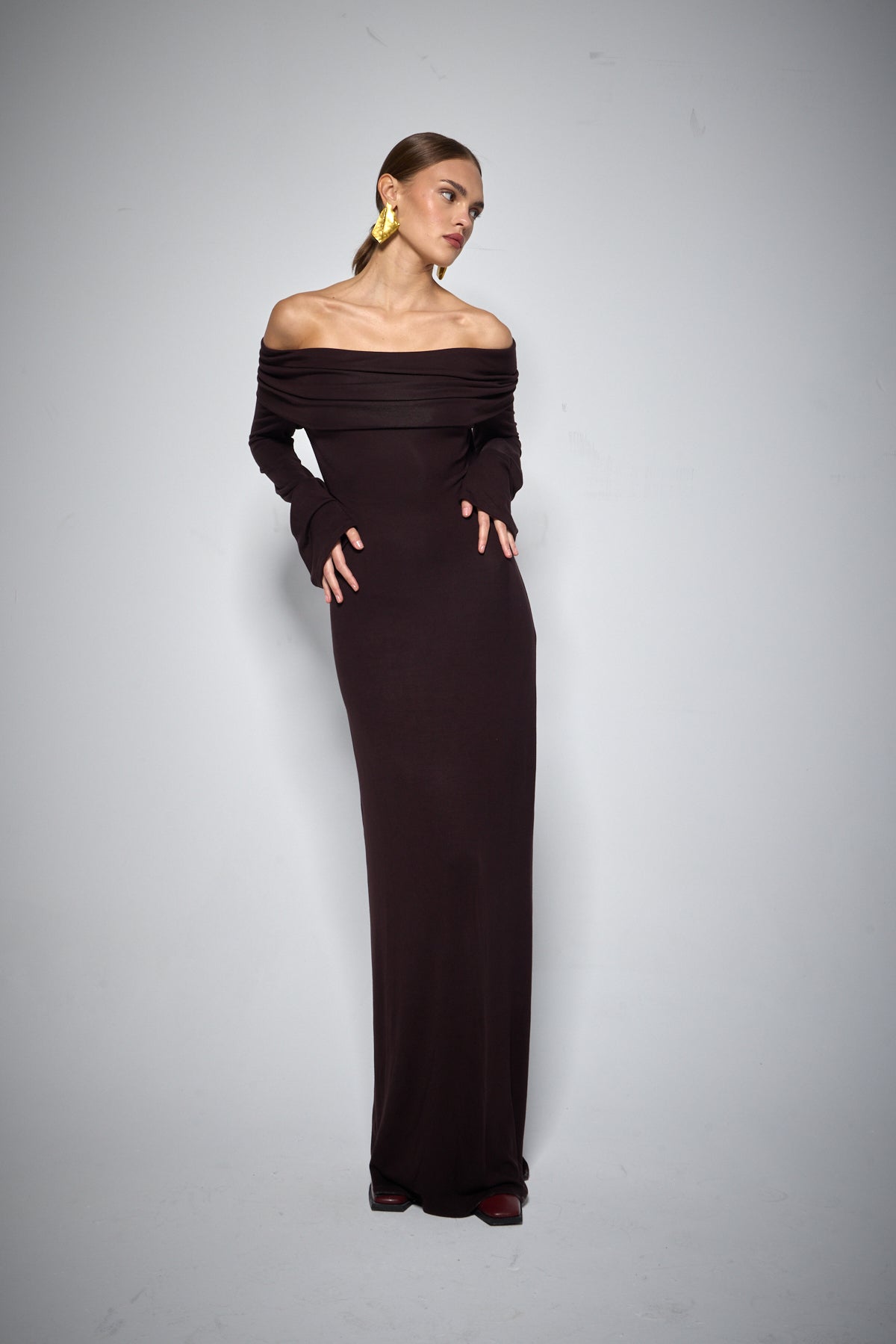 VELOUR ELBİSE KAHVERENGİ