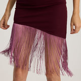 LIZA ASYMMETRICAL FRINGED MINI SKIRT BURGUNDY