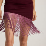 LIZA ASYMMETRICAL FRINGED MINI SKIRT BURGUNDY