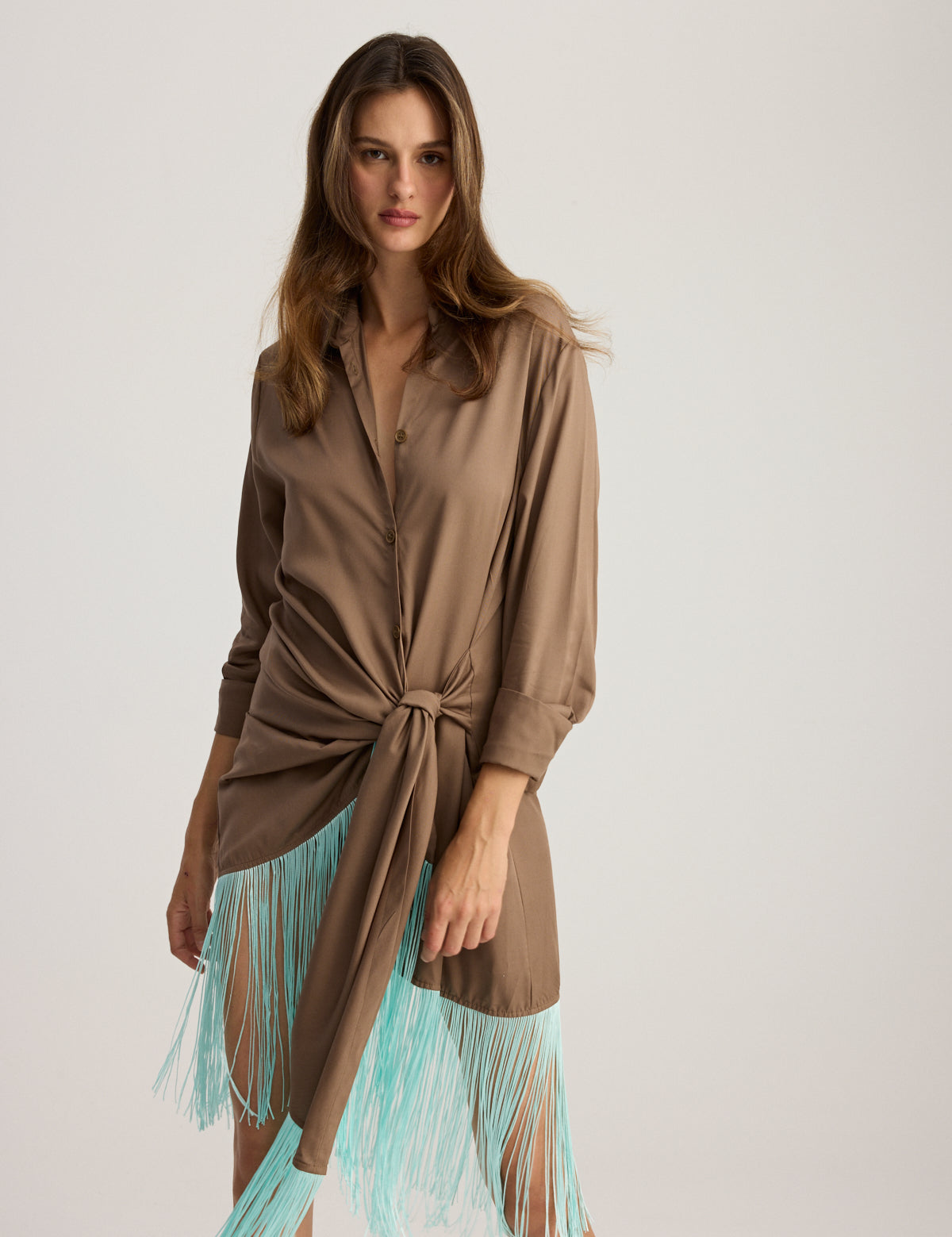 BIANCA FRINGED SHIRT DRESS MINK
