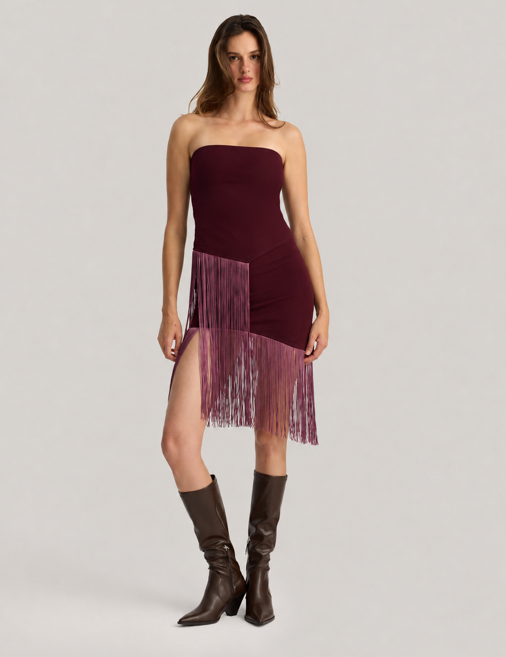 LIZA FRINGED STRAPLESS TOP BURGUNDY