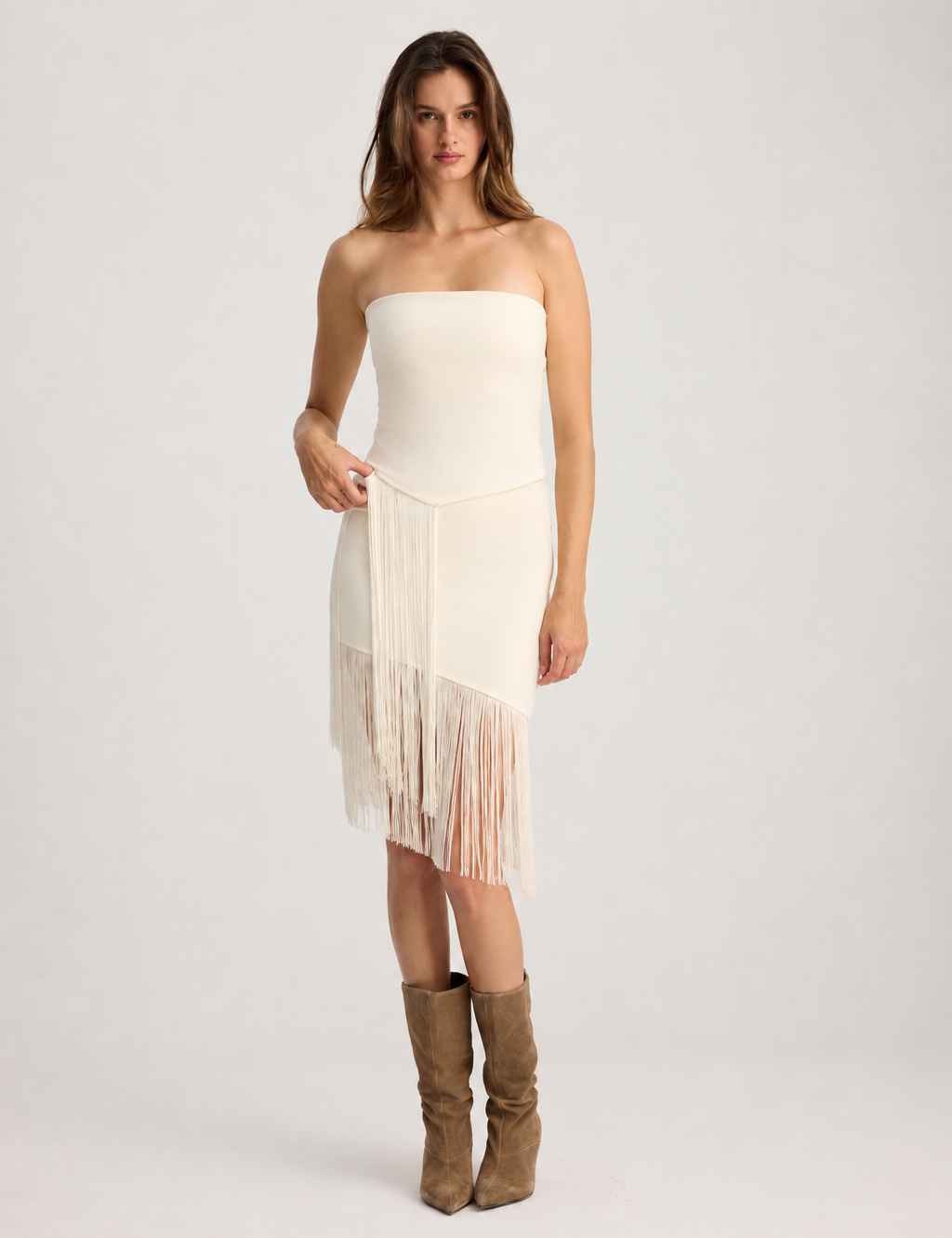 LIZA FRINGED STRAPLESS TOP ECRU