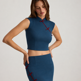 GIA CONTRAST PIPING BLOUSE AND MINI SKIRT SET BLUE